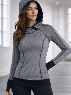 Lululemon Think Fast Hoodie Black/Gray Heathered Herringbone, Long Sleeve, Sz 4